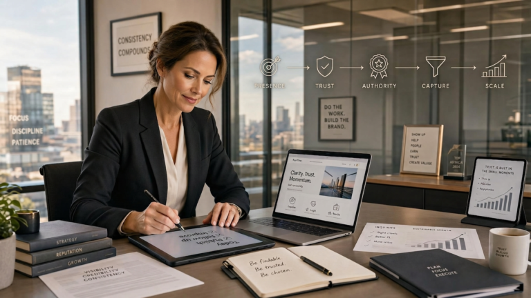 Professional firm owner reviewing an organized Evoltra Insights content map for visibility, trust, authority, capture, and scale.