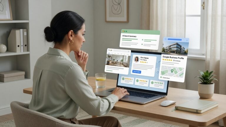 Professional firm owner reviewing search results, reviews, Google Business Profile, service pages, bios, and contact options before a prospect calls.
