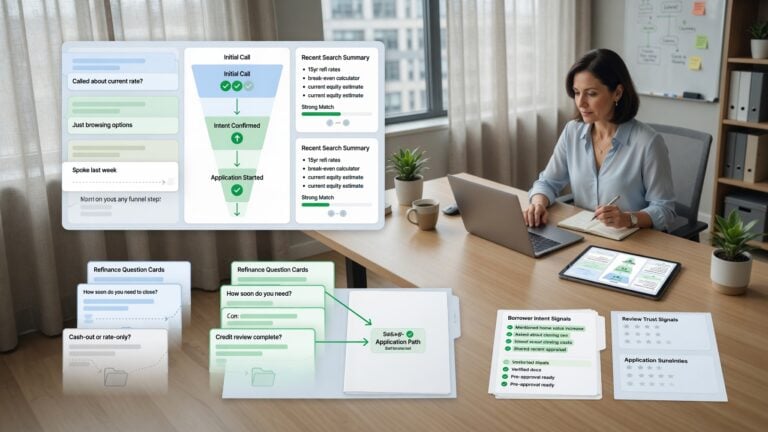 Mortgage professional reviewing refinance conversation cards, borrower intent signals, AI search summaries, review trust signals, and application path indicators to understand why refinance conversations do not convert like they used to.