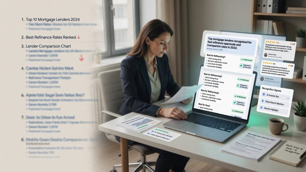 Mortgage strategist reviewing traditional search rankings alongside AI search recognition panels, lender mention signals, review cards, and mortgage visibility indicators.