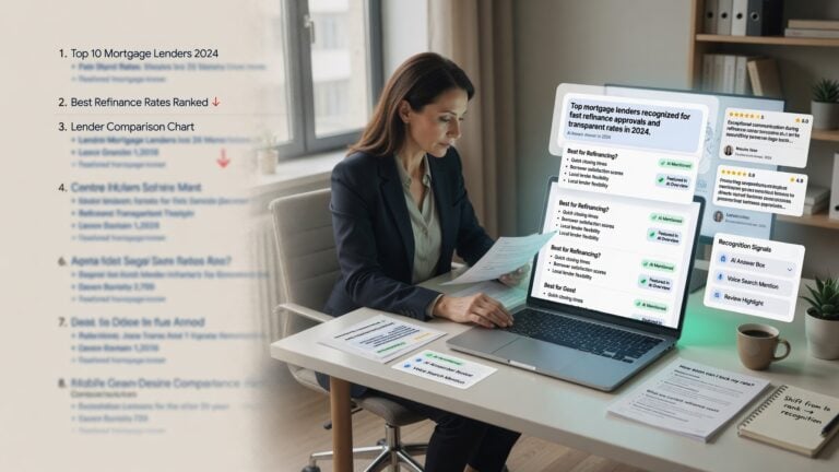 Mortgage strategist reviewing traditional search rankings alongside AI search recognition panels, lender mention signals, review cards, and mortgage visibility indicators.