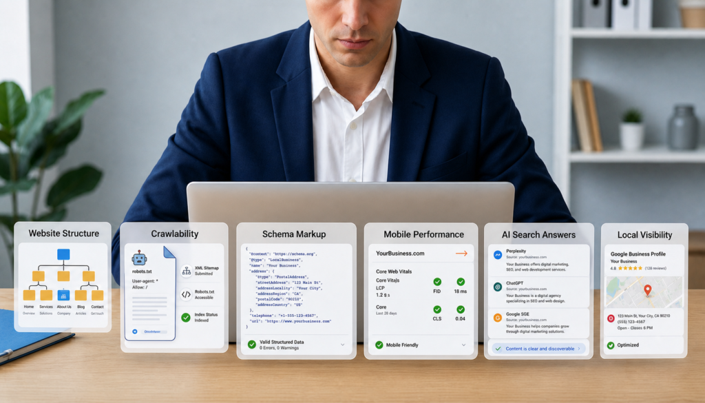 Mortgage broker reviewing technical SEO signals, website structure, schema, crawlability, AI search visibility, and local search clarity on a laptop.
