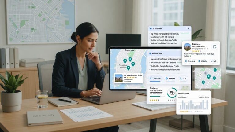 Mortgage broker reviewing local map visibility, AI search answer panels, business profile cards, review signals, and local trust indicators.