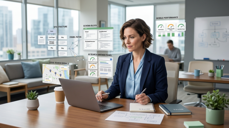 Mortgage broker reviewing technical SEO priorities for crawlability, indexability, mobile usability, service pages, internal links, structured data, and AI discoverability.