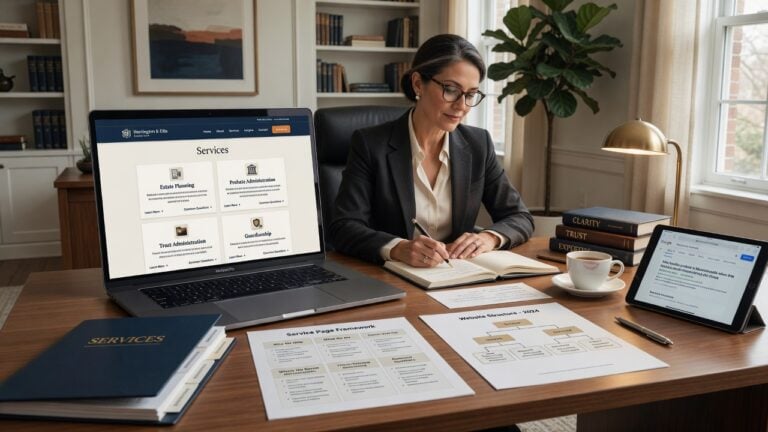 Professional firm owner reviewing a clear service page with sections for service explanation, audience, trust signals, FAQs, internal links, and next steps.