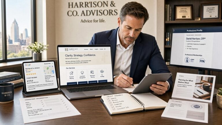 Professional advisor reviewing a website alongside business profiles, reviews, credentials, and other trust signals used in AI search.