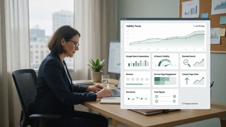 Professional reviewing an AI visibility tracking dashboard with Google Search impressions, branded search, reviews, service page engagement, contact page visits, directories, and trust signals.