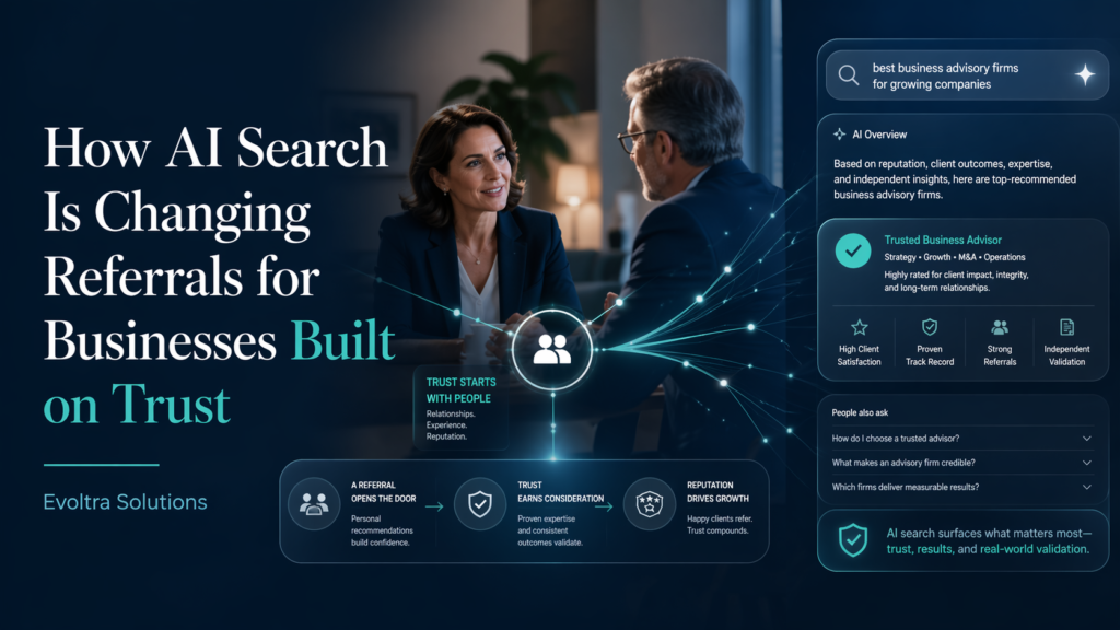 Professional firm owner reviewing an AI-assisted referral journey with search summaries, reviews, service pages, bios, and trust signals.