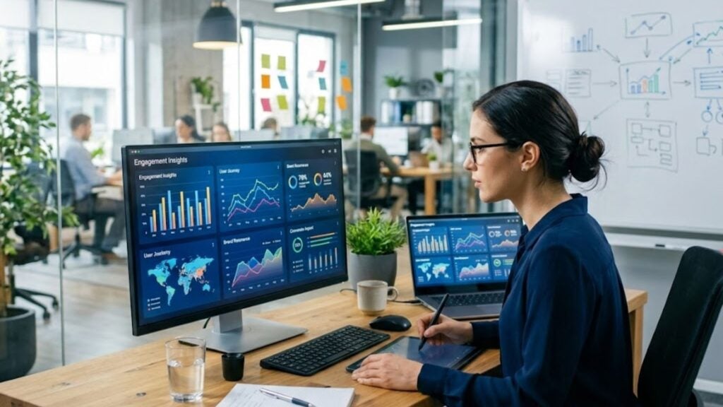 Marketing strategist reviewing AI visibility metrics, citations, share of voice, zero-click visibility, and authority signals on a dashboard