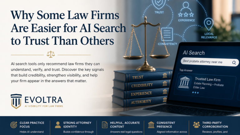 AI search trust for law firms visual showing legal credibility, visibility, and trust signals