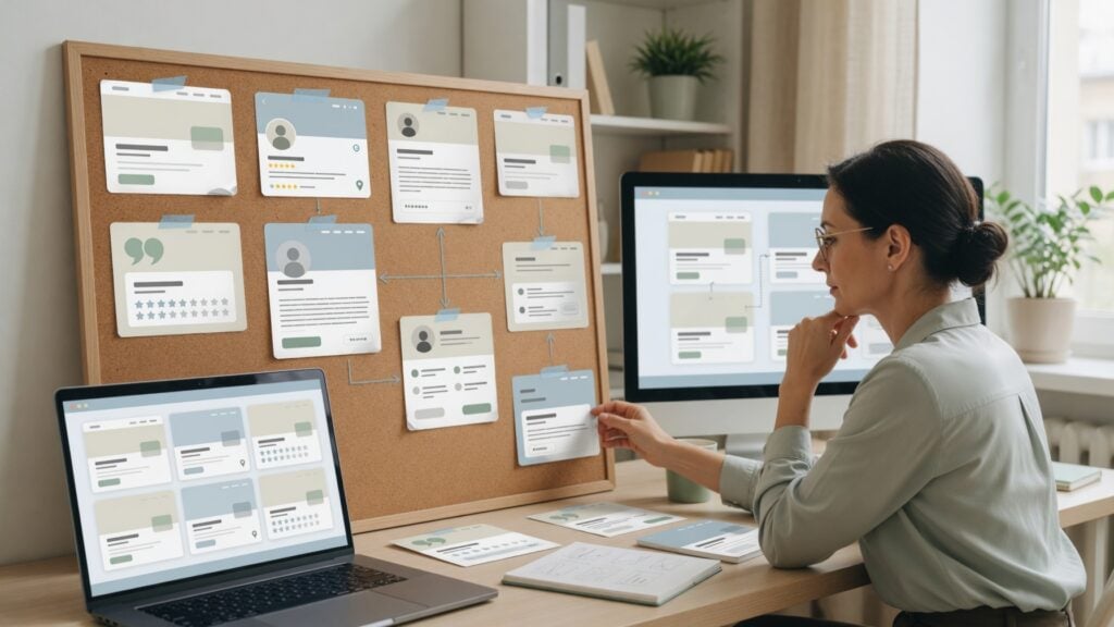 Firma profesional revisando perfiles en línea inconsistentes, páginas del sitio web, reseñas, directorios y señales de visibilidad en la búsqueda con IA