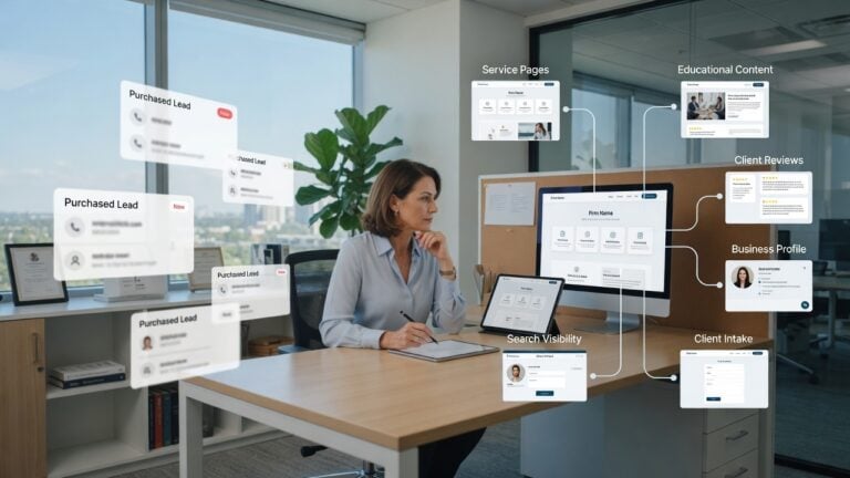 Firma profesional comparando canales de prospectos alquilados con un sistema de visibilidad propia basado en presencia en buscadores, reseñas, páginas de servicios y recepción de consultas.