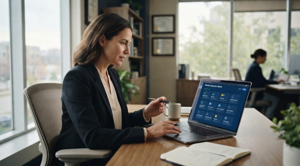Professional firm partner reviewing a vendor proposal for AI visibility services with a list of evaluation questions about measurement, promises, ownership, and reporting.