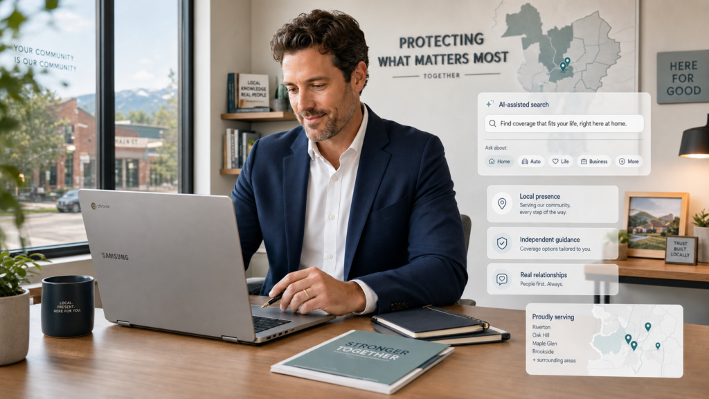 Independent insurance agent reviewing local Google search, client reviews, service-area information, and AI search visibility.