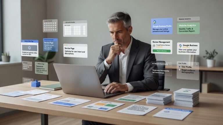 Profesional revisando señales del sitio web, Perfil de Negocio de Google, reseñas, búsquedas con IA y analítica que pueden estar moldeando el tipo equivocado de consultas.