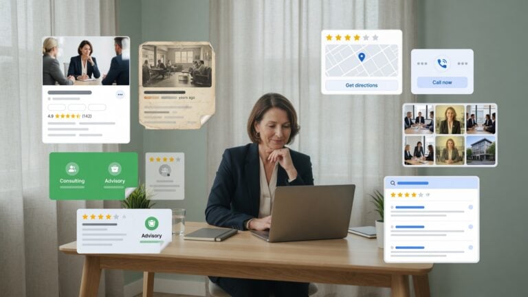Profesional revisando un Perfil de Negocio de Google con detalles de servicios, reseñas, fotos y elementos desactualizados para evaluar si el perfil ayuda o perjudica la confianza.