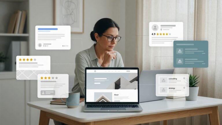 Profesional revisando un sitio web de negocio, listados en línea y perfiles de reseñas que aparecen desconectados en la web.