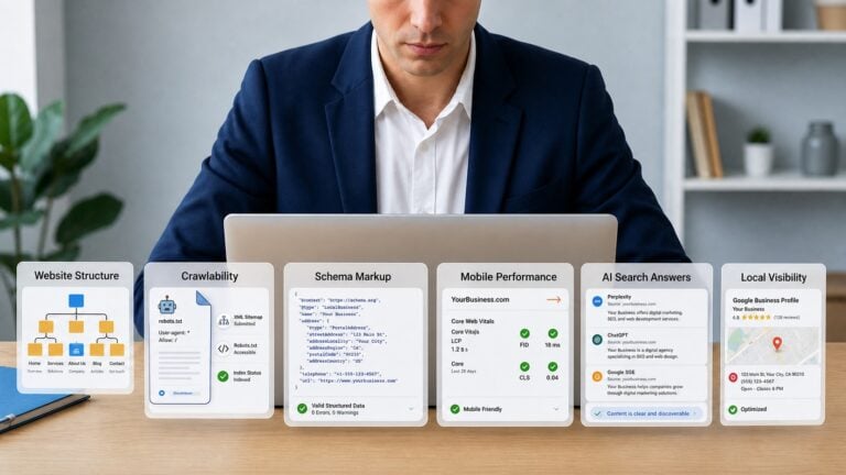 Corredor hipotecario revisando señales de SEO técnico, estructura del sitio web, schema, rastreabilidad, visibilidad en búsquedas con IA y claridad en la búsqueda local.