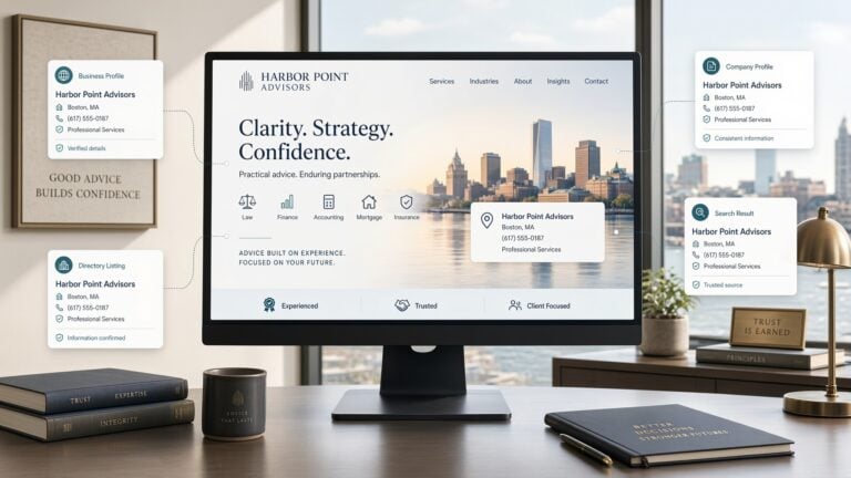 Professional firm website and directory profiles showing consistent business information for AI search
